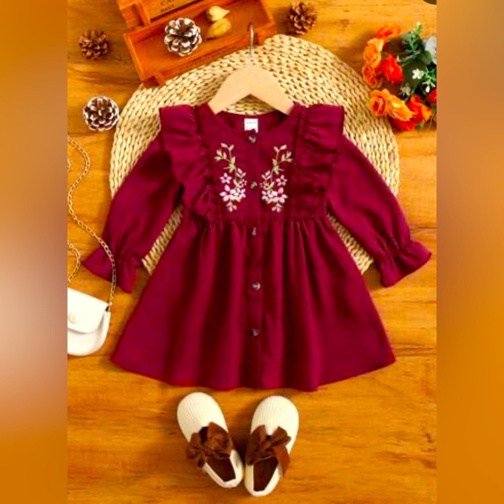 Burgundy Toddler corduroy embroidered floral Dress